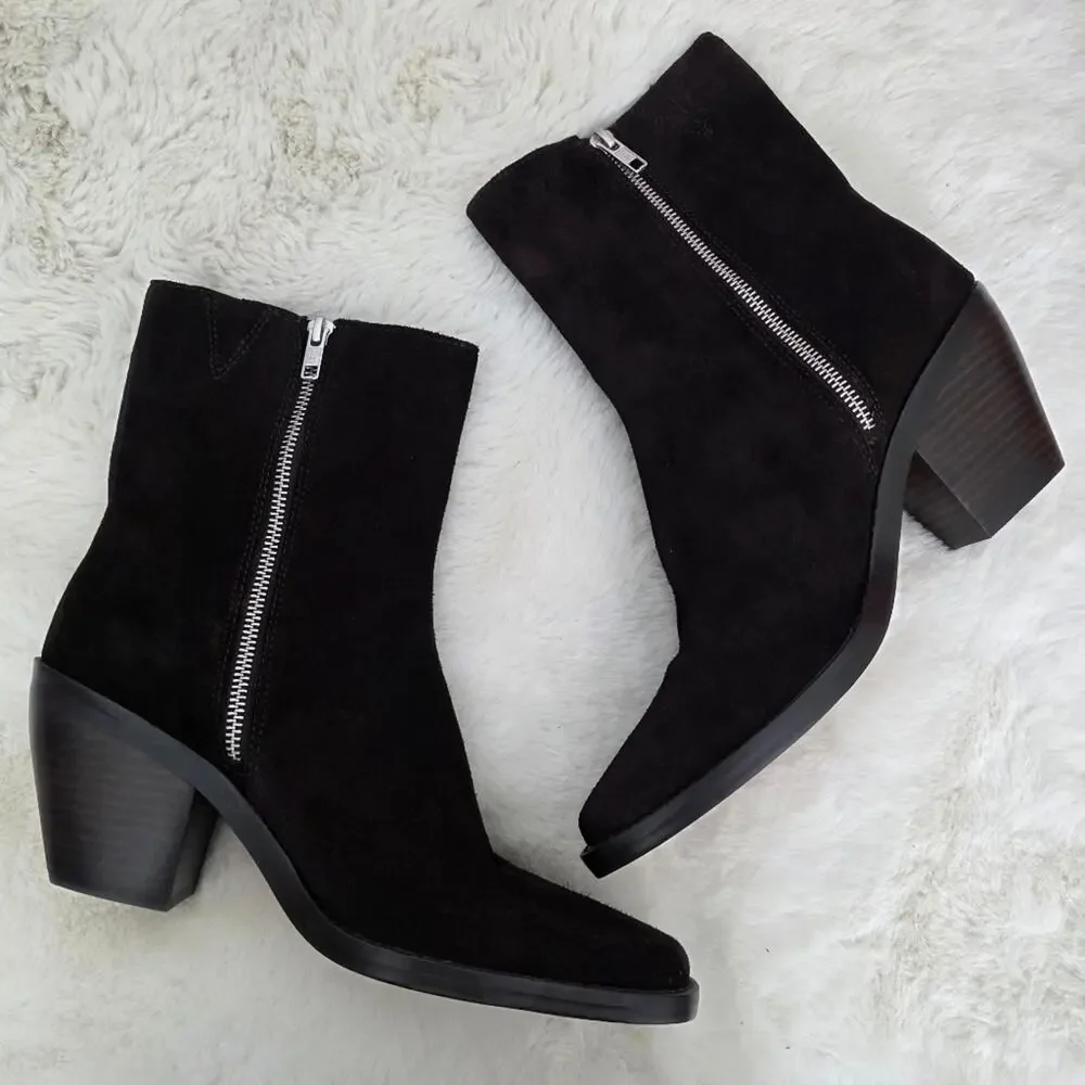 Madewell The Idris Coffee Bean Brown Suede Ankle Booties Side Zip Block Heel 9.5